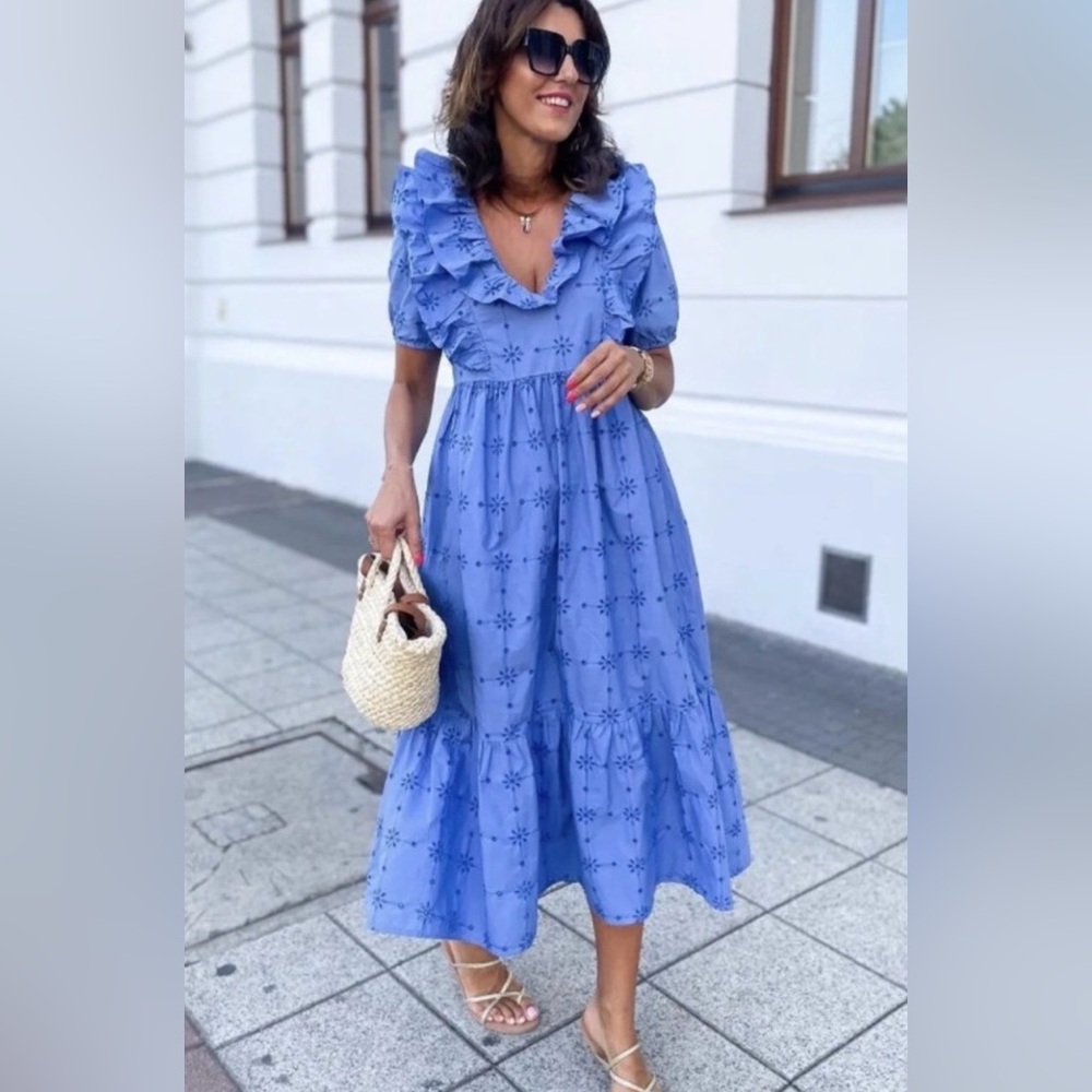 Zara Light Blue Embroidered Ruffle midi Dress M - Picture 4 of 14